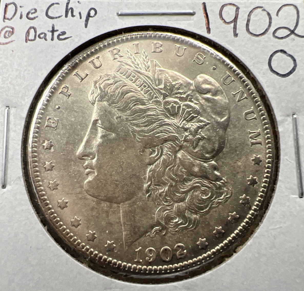 1902 O $1 Morgan Silver Dollar Coin Die Chip Error AU About UNC