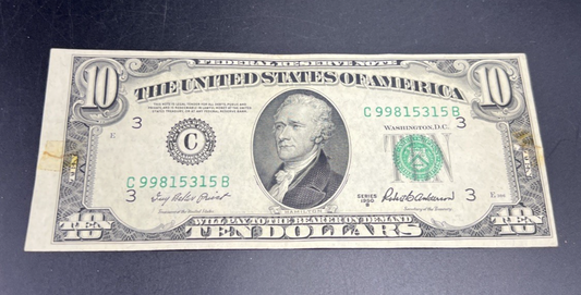 1950 B $10 FRN Federal Reserve Note Fine Details Taped Torn Edges