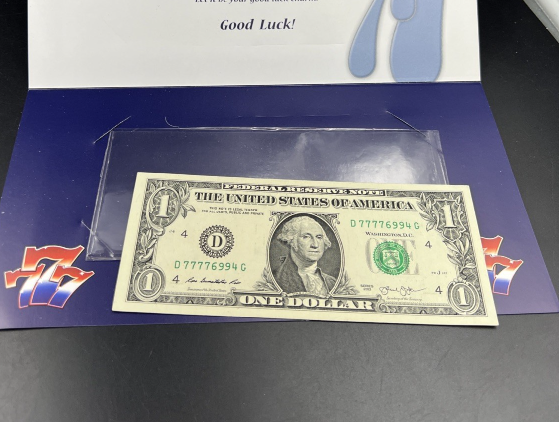 2013 $1 FRN Federal Reserve Note Lucky Serial Number 77776994 CH UNC