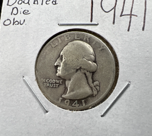 1941 P 25c Washington Silver Quarter Coin AG Circ DDO Double Die Obverse SK#a