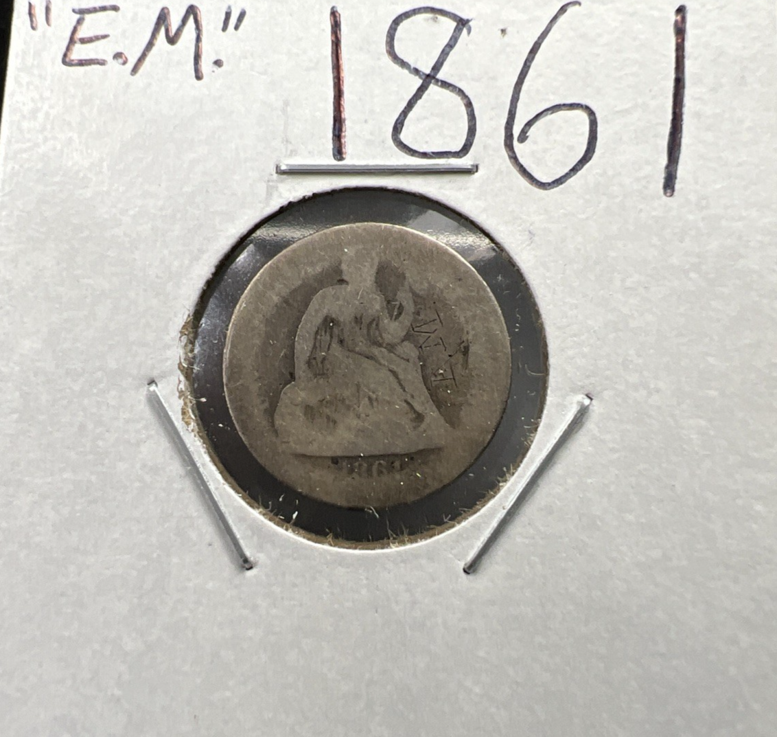 1861 Civil War Era Liberty Seated Dime Coin Fair Details E.M engraved graffiti