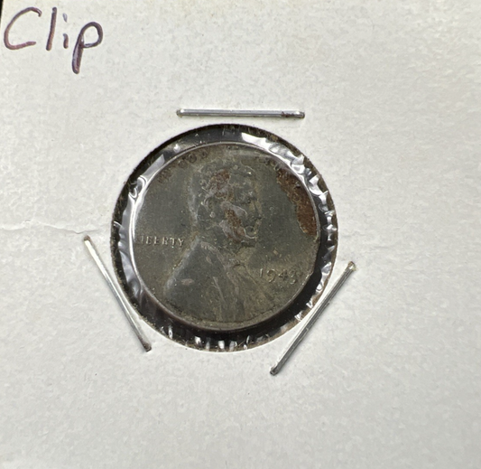 1943 P 1c Lincoln Wheat Cent Steel penny Clipped Planchet error