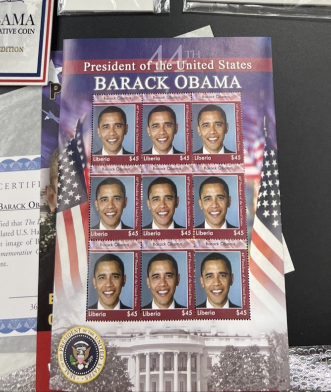 Lot of 13 Barack Obama Colorized US UNC Coins in displays w/ 9 Liberia Stamps