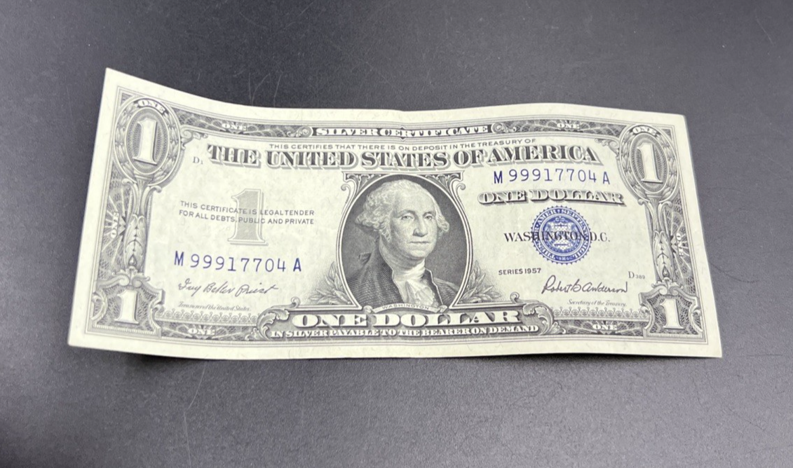 1957 $1 One Dollar Blue Seal Silver Certificate VF Repeat Serial #99917704