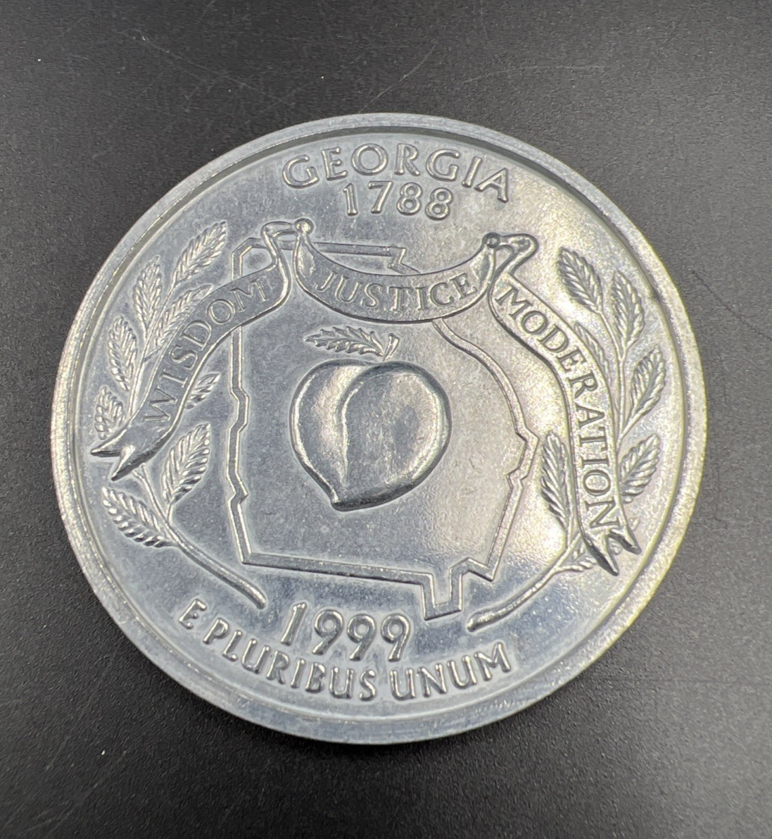 Large 3 Inch Novelty Pewter Coin/Coaster/Paperweight 1999 Georgia State Quarter