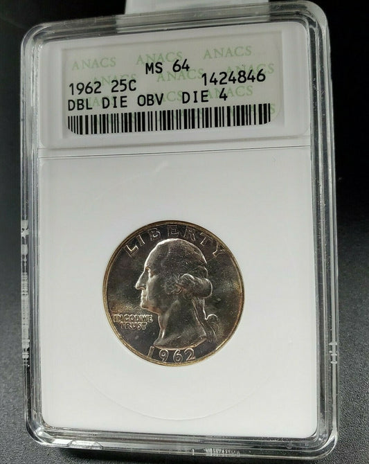 1962 P 25c Washington Silver Quarter Coin Variety DDO 004 ANACS MS64 FS-101