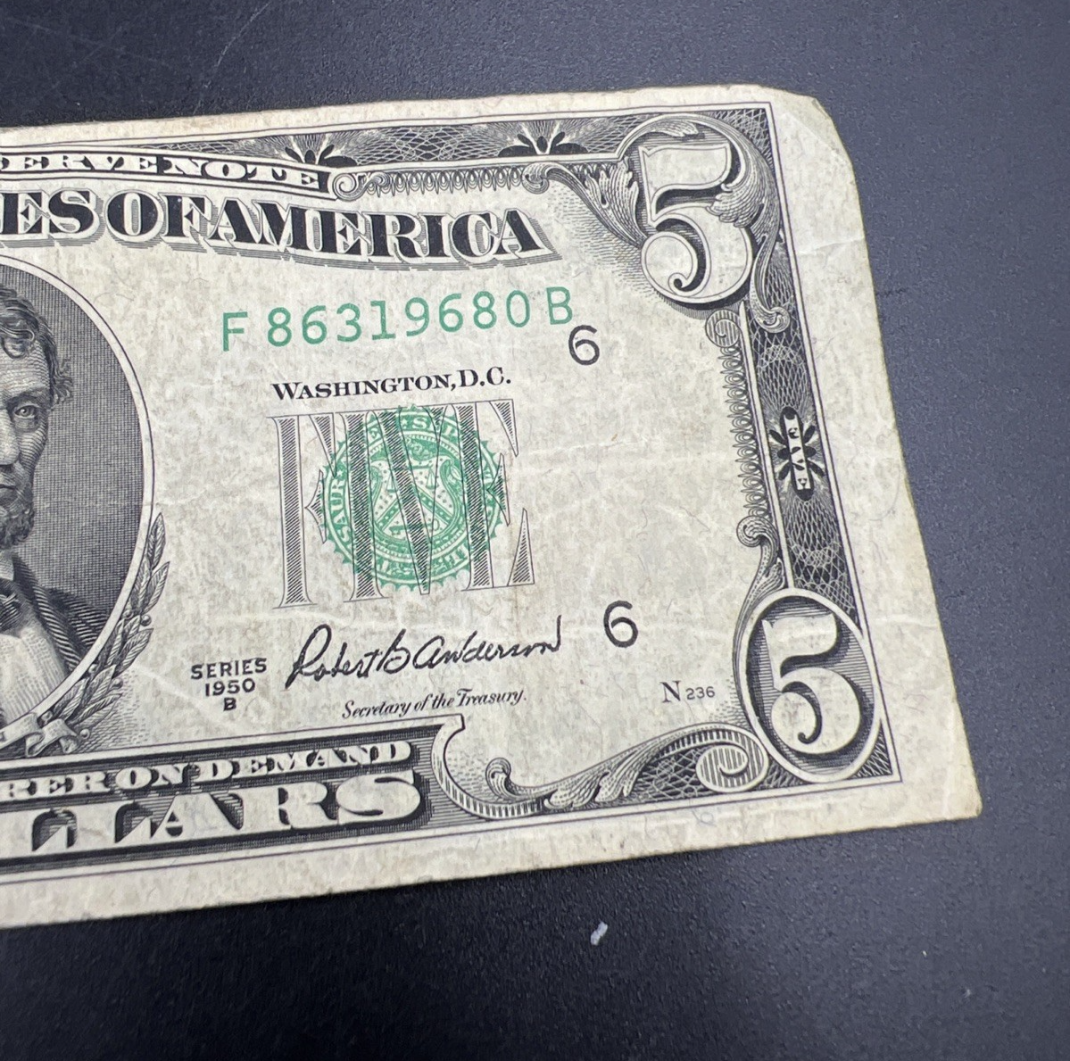1950 B $5 FRN Federal Reserve Note VG Very Good Circ Five Dollar Bill #680