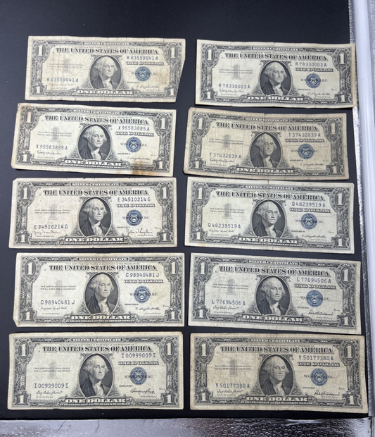 Lot of 10 VERY CIRC 1957 1935 $1 Dollar Silver Certificate Blue Seal Notes #09