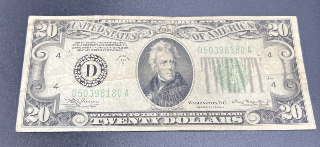 1934 A $20 FRN Federal Reserve Note Cleveland District VG Very Good Circ