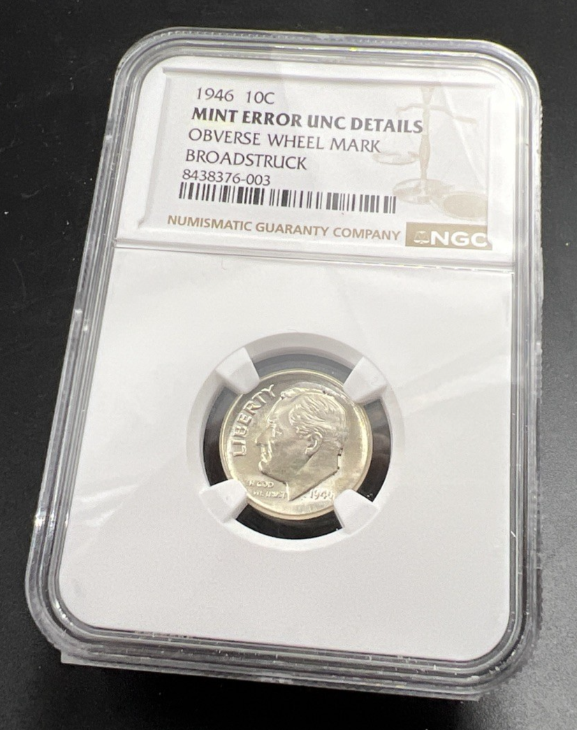 Large Cupped Broadstrike Error 1946 P 10c Roosevelt Silver Dime NGC UNC Details