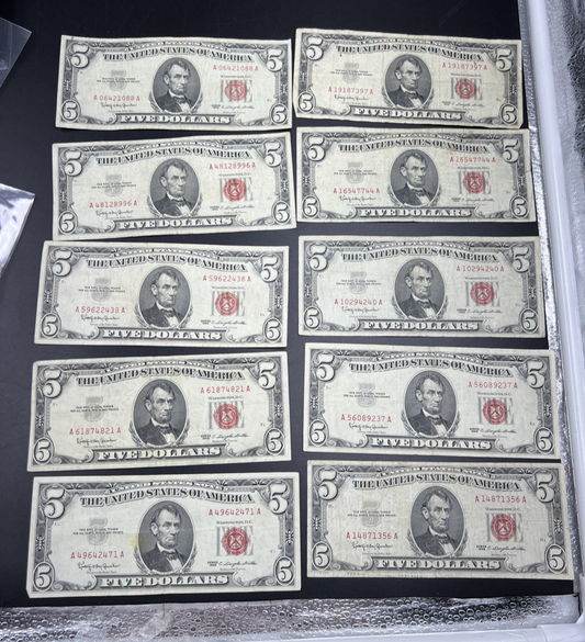 Lot of 10 1963 $5 USN United States Notes Red Seal Bills VG / F Circ #471