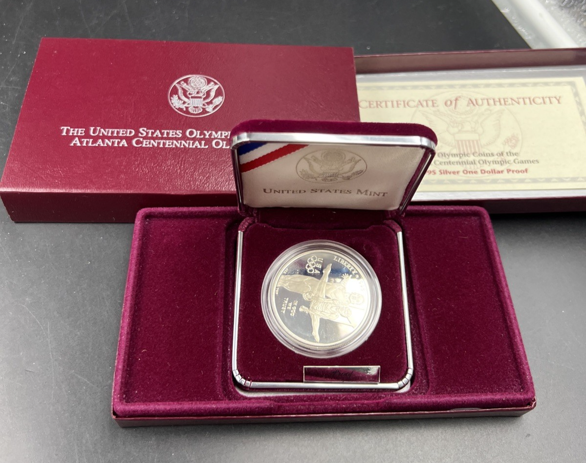 1995 Atlanta Olympics Gymnast Proof Silver Dollar Coin OGP Some Toning