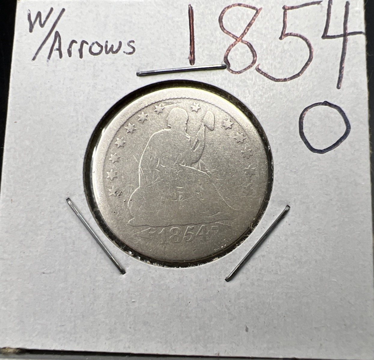1854 O 25c Liberty Seated Quarter Coin AG / G Details Cleaned