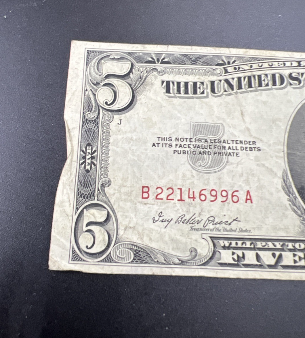 1953 A $5 USN United States Note Red Seal Bill Neat Serial # VG Circ #996