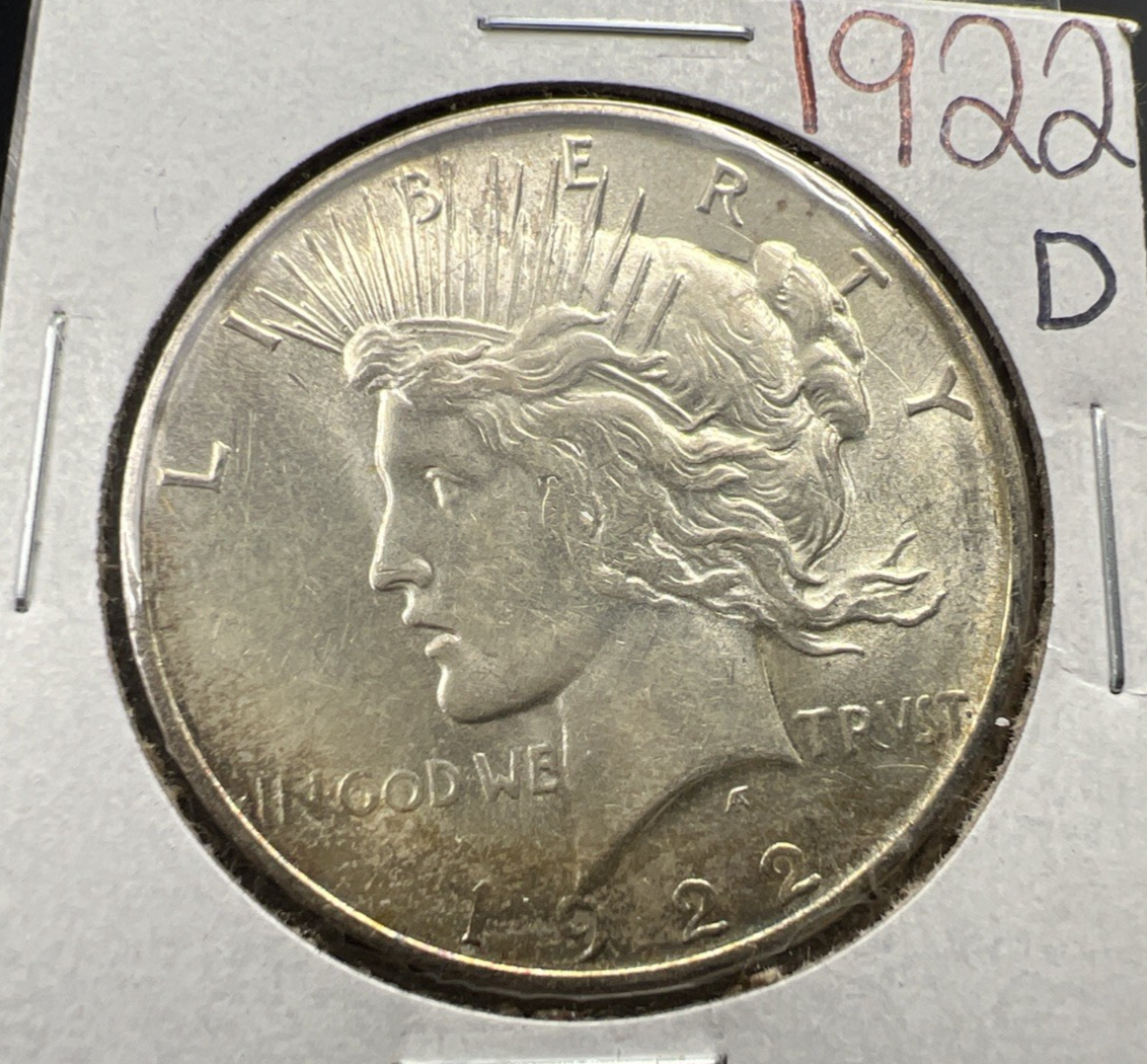 1922 D $1 Peace Silver Dollar Coin UNC Uncirculated Some Toning