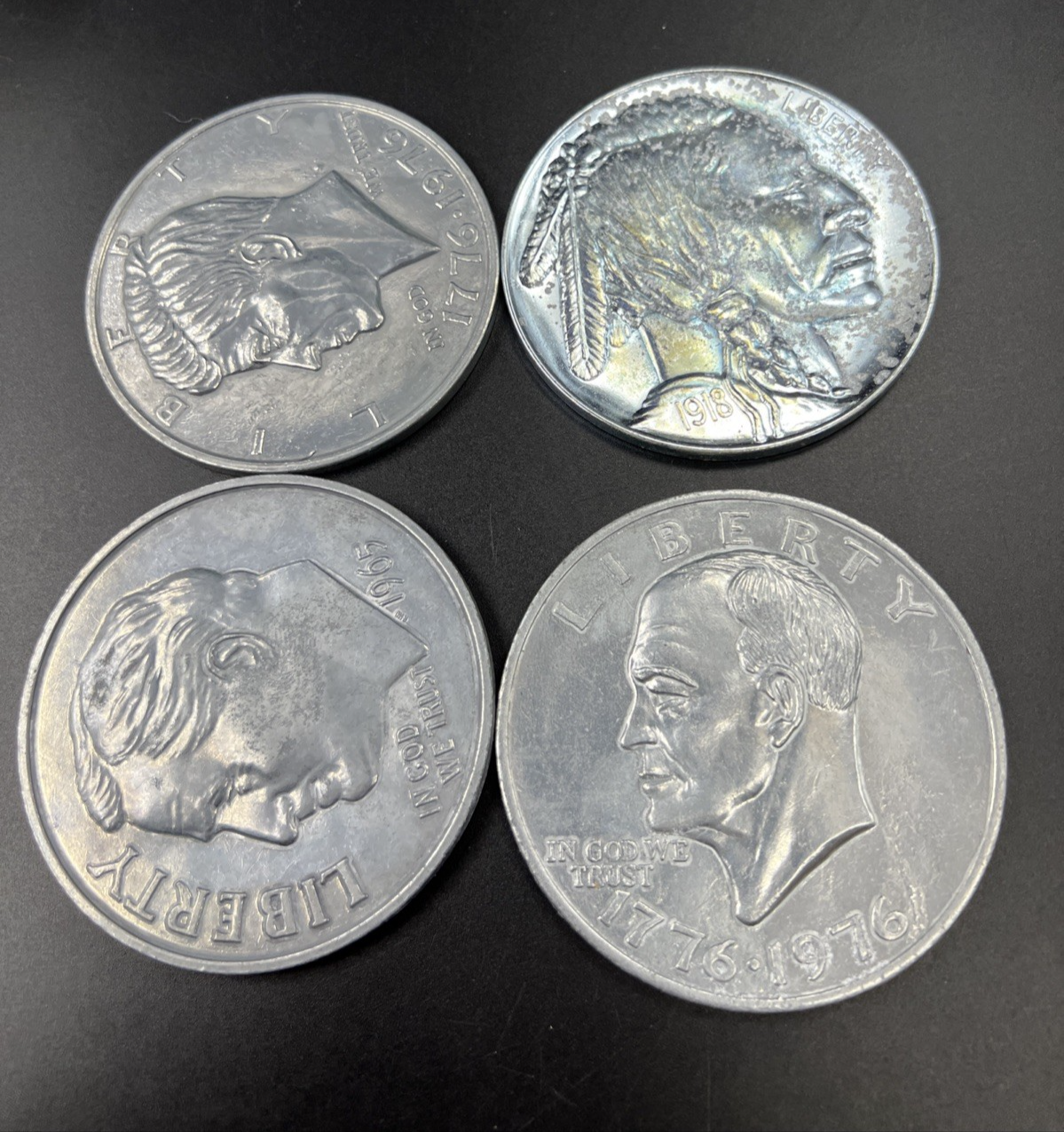 Lot of 4 Used Large 3 Inch Novelty Pewter Coin/Coaster/Paperweight Kennedy Ike +