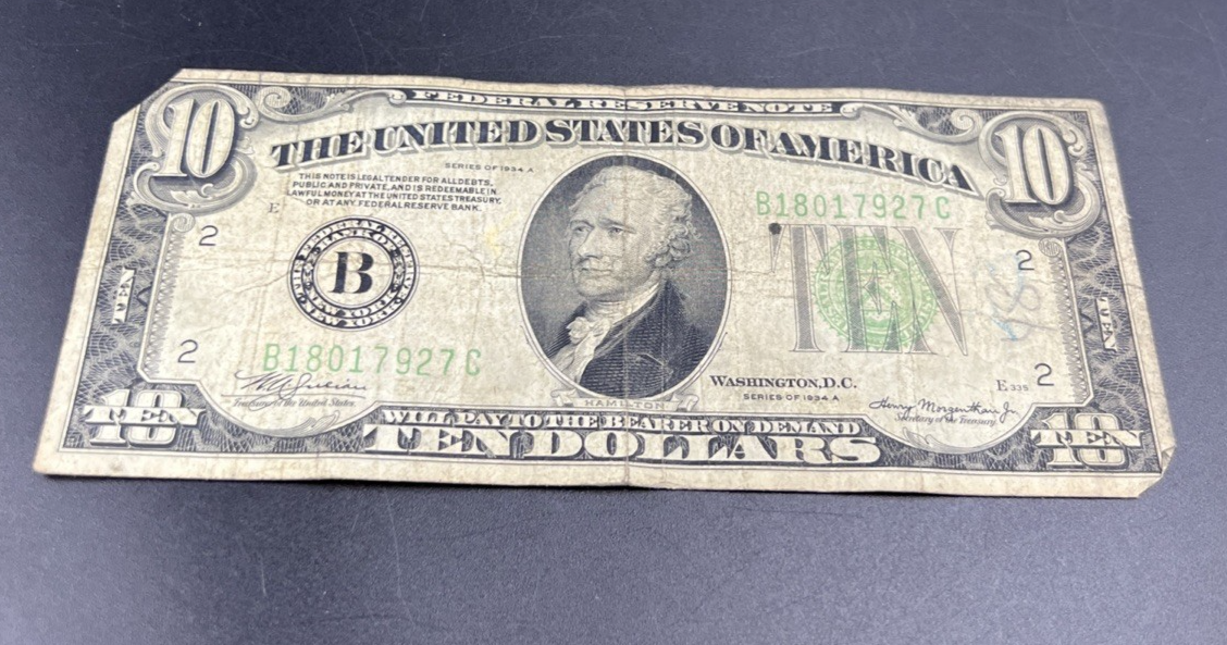 1934 A $10 FRN Ten Dollar Federal Reserve Note New York District VG Circ #27
