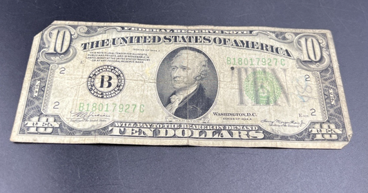 1934 A $10 FRN Ten Dollar Federal Reserve Note New York District VG Circ #27