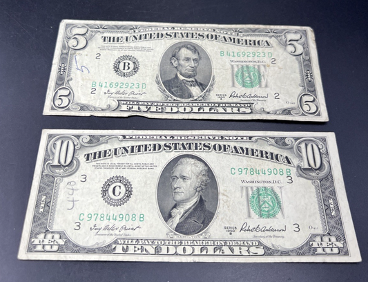 FRN Collector's Lot 1950 B $5 & $10 Federal Reserve Note Bills VG / F #908