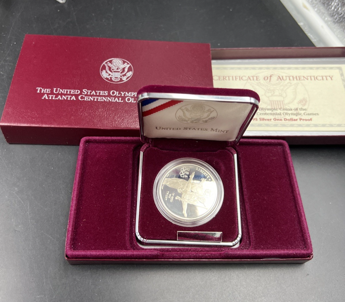 1995 Atlanta Olympics Gymnast Proof Silver Dollar Coin OGP Some Toning