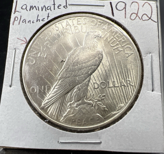 1922 P $1 Peace Silver Dollar Coin Laminated Planchet Error CH AU About UNC