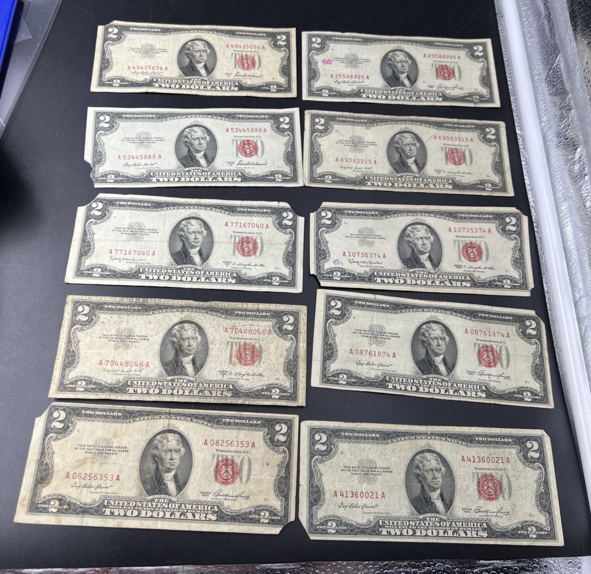 Lot of 10 1953 1963 $2 USN Red Seal Legal Tender Bills Very Circulated #353
