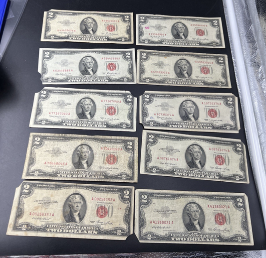 Lot of 10 1953 1963 $2 USN Red Seal Legal Tender Bills Very Circulated #353