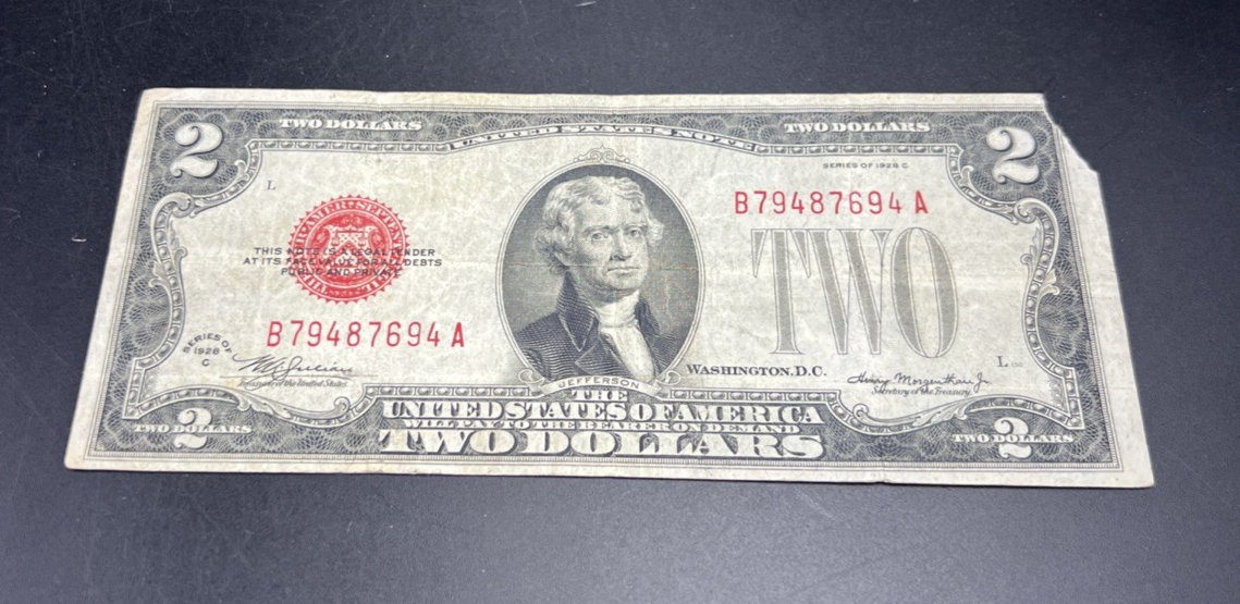1928 C $2 USN United States Note Red Seal Fine Details Corner Tear #94