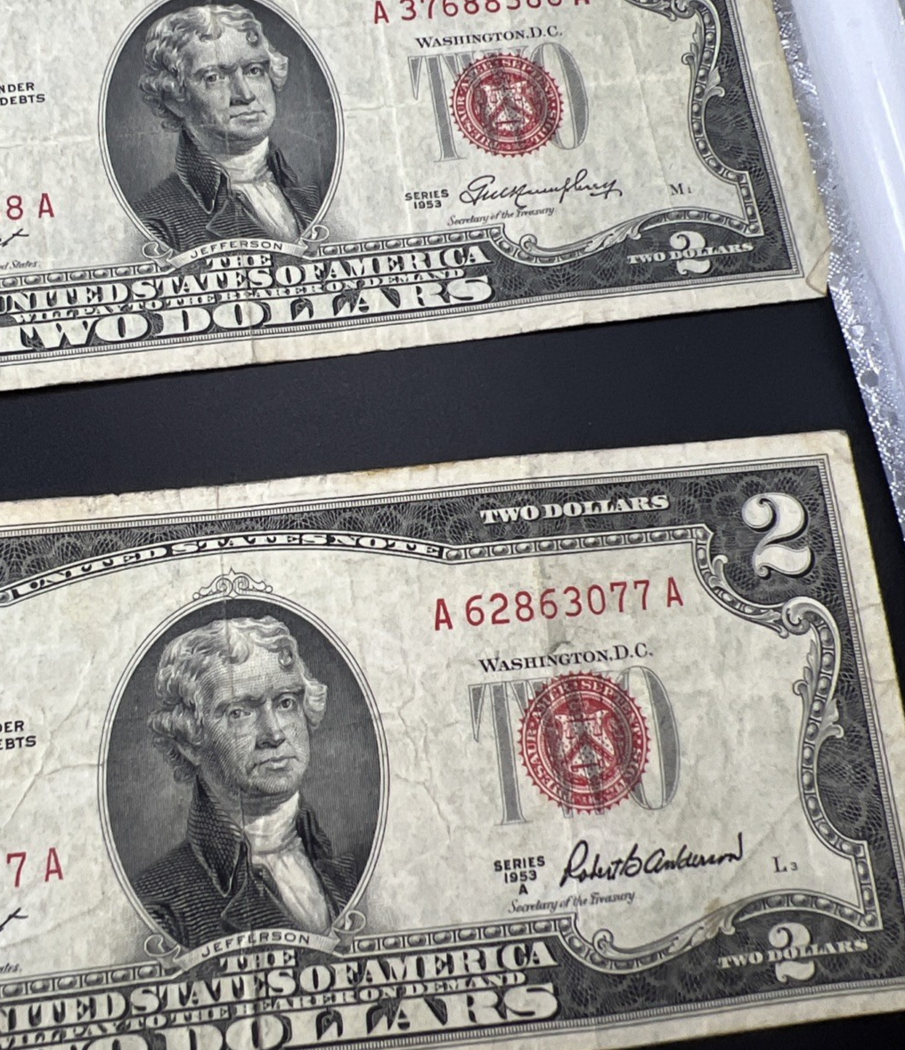 Lot of 10 1953 $2 USN Red Seal Legal Tender Bills VG Very Good + Circ #966