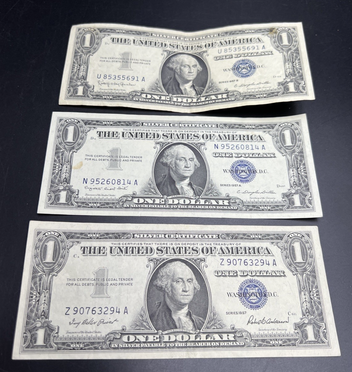 Lot of 3 1957 $1 One Dollar Blue Seal Silver Certificates VF Very Fine #329