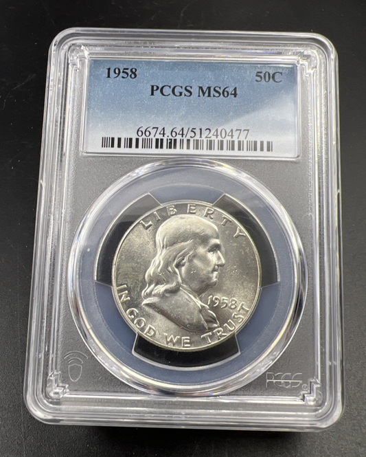 1958 P 50c Franklin Silver Half Dollar Coin PCGS MS64 CH BU Reverse Toner #77