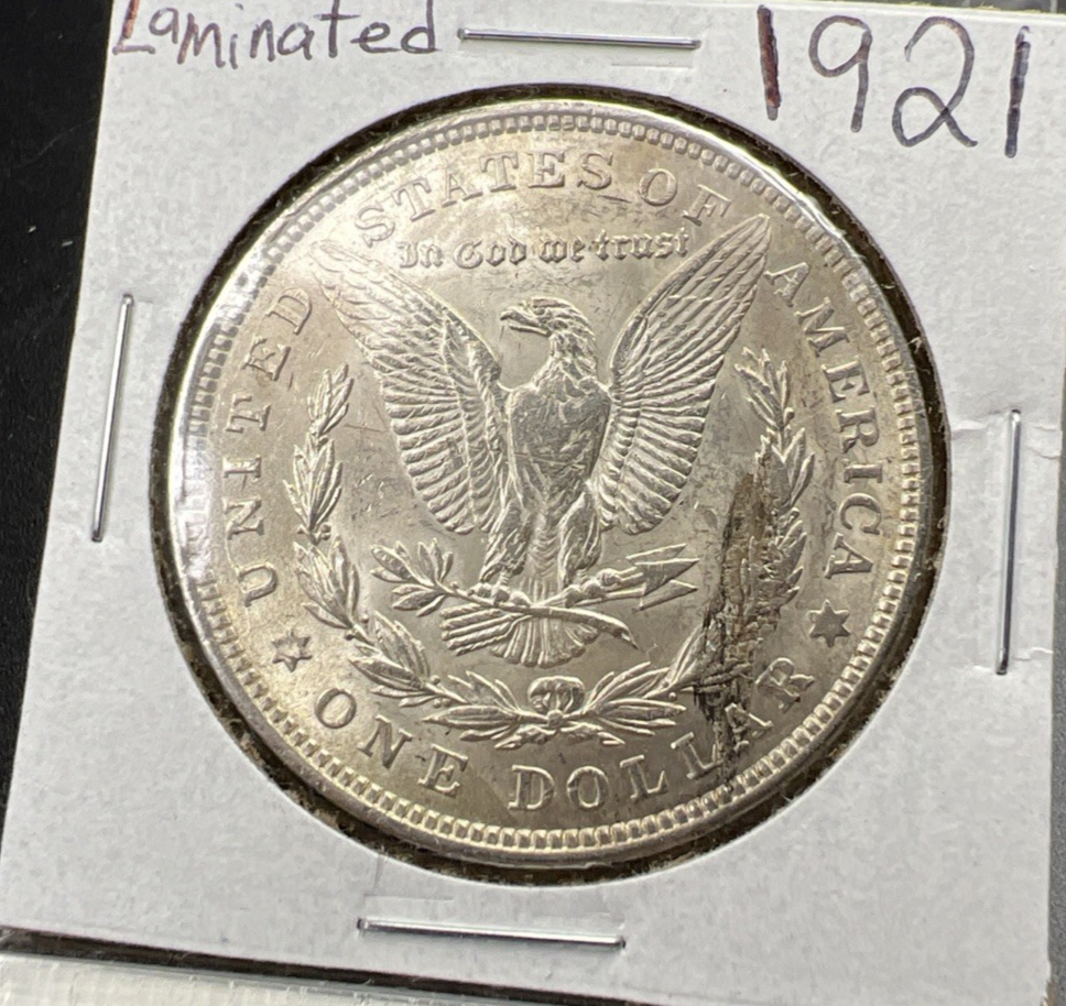1921 P $1 Morgan Silver Dollar Coin Reverse Lamination Major Error AU About UNC