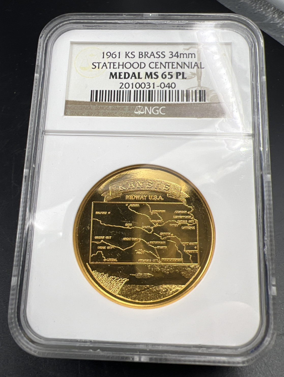 1961 Kansas Centennial Brass Medal MS65 PL Proof Like NGC Certified