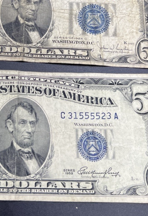 2 Note Lot 1934 1953 $5 Five Dollar Silver Certificate Fancy Serial #s G / VG