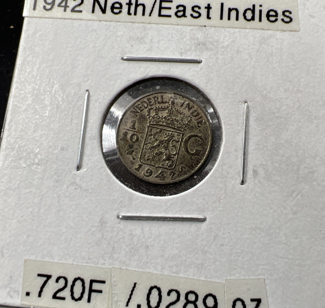1942 Netherlands East Indies 1/10 Gulden Silver Coin XF EF Extra Fine Circ