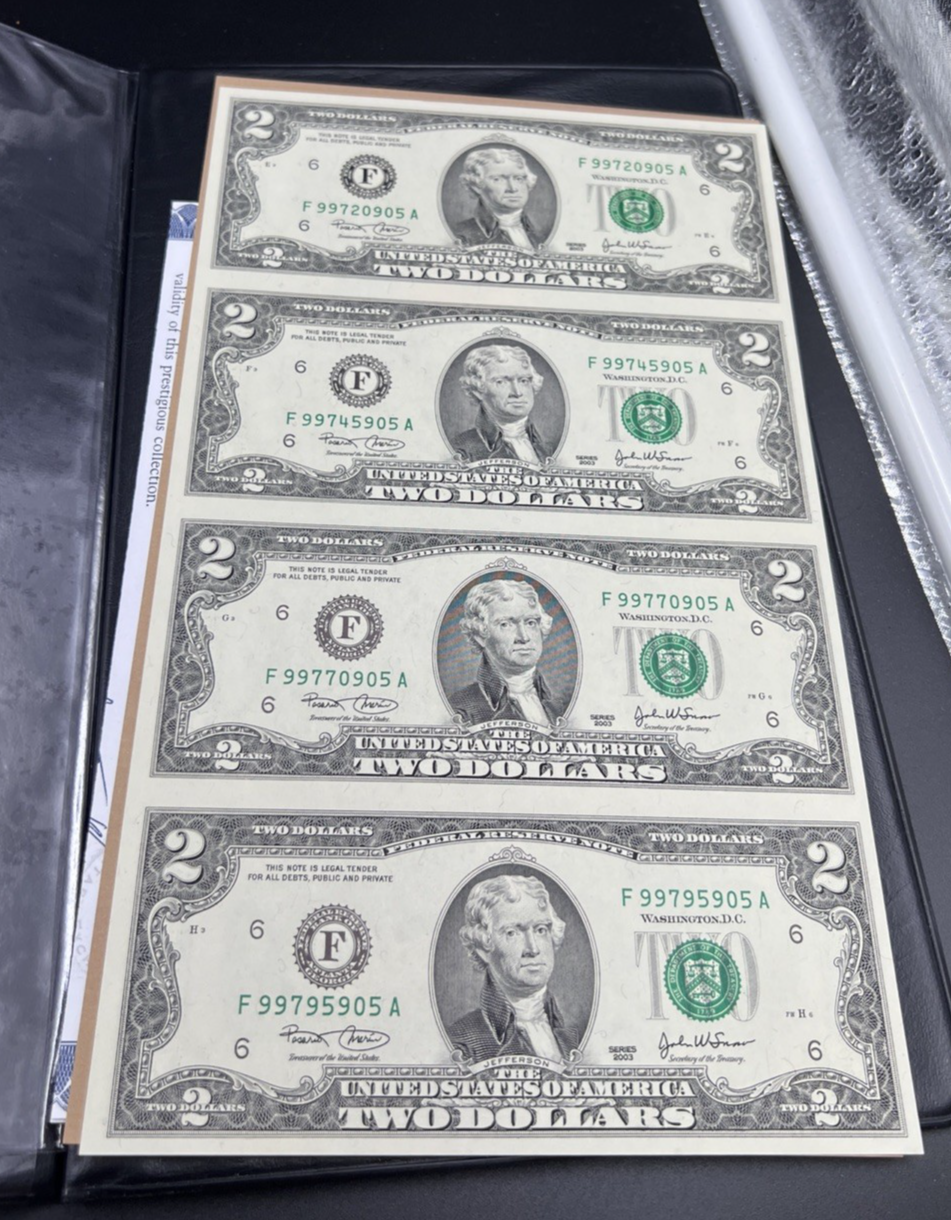 4 Note Souvenir Sheet 2003 US $2 Two Dollar FRN Federal Reserve Notes in Book #A