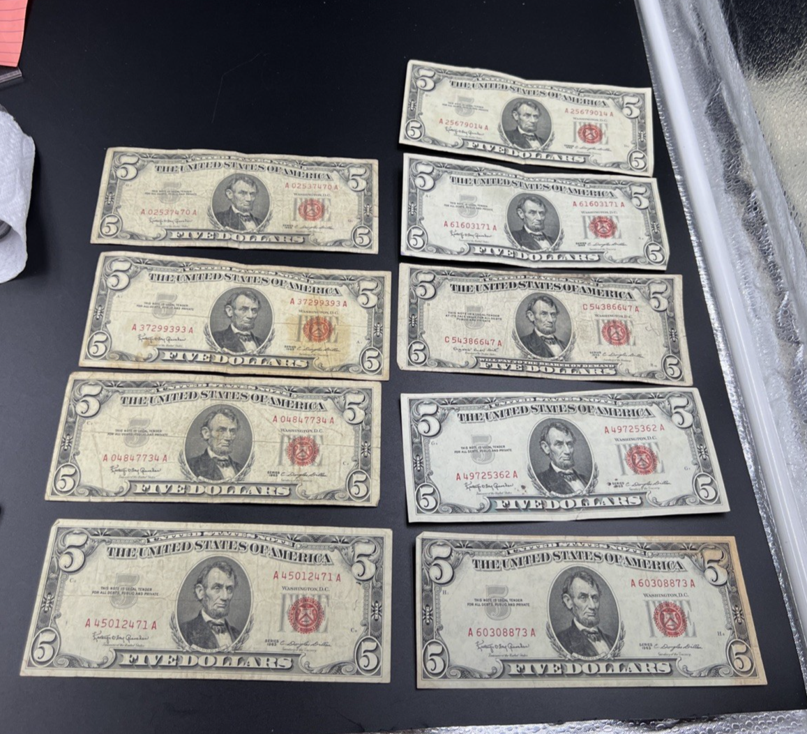 Lot of 9 1963 1953 $5 Five Dollar USN United States Notes Well Circulated #79