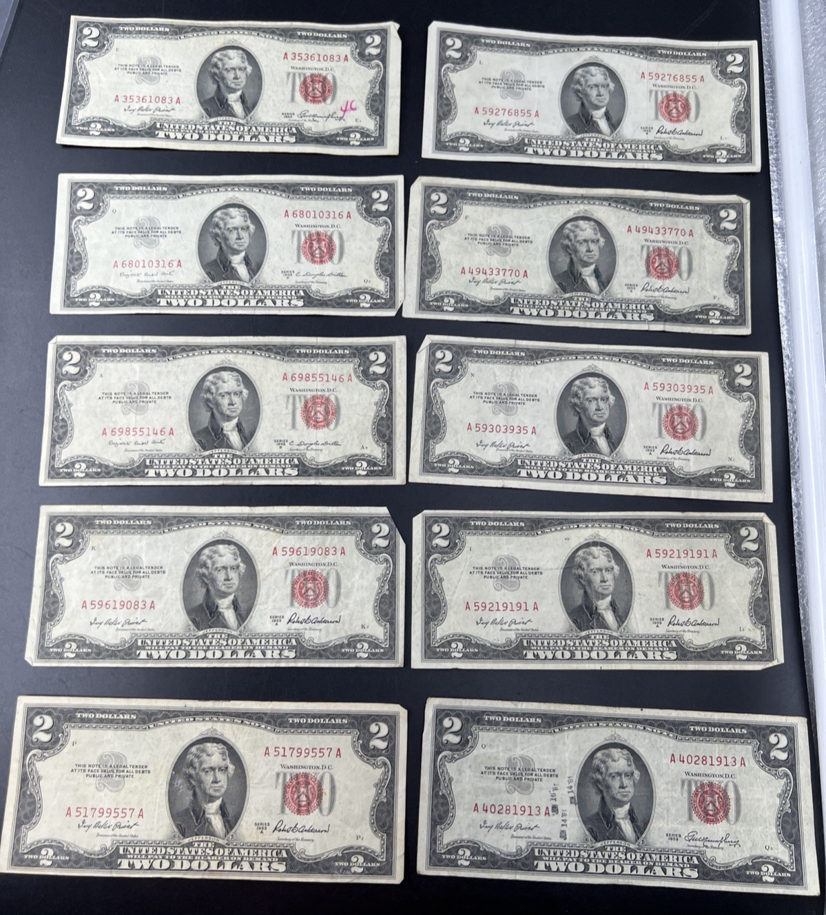 Lot of 10 1953 $2 USN Red Seal Legal Tender Bills VG Very Good + Circ #557