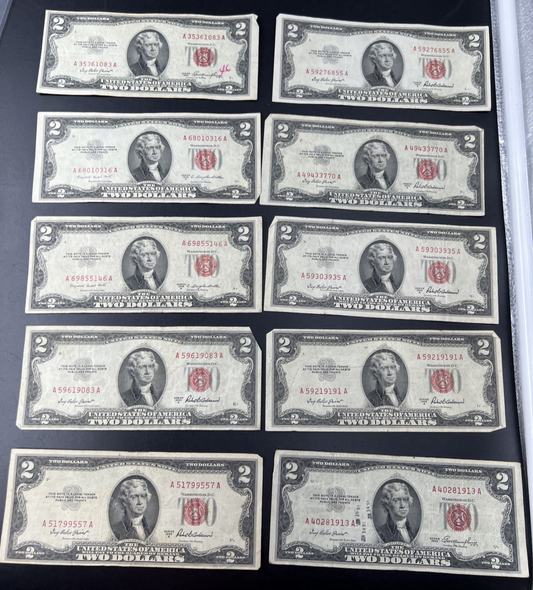 Lot of 10 1953 $2 USN Red Seal Legal Tender Bills VG Very Good + Circ #557