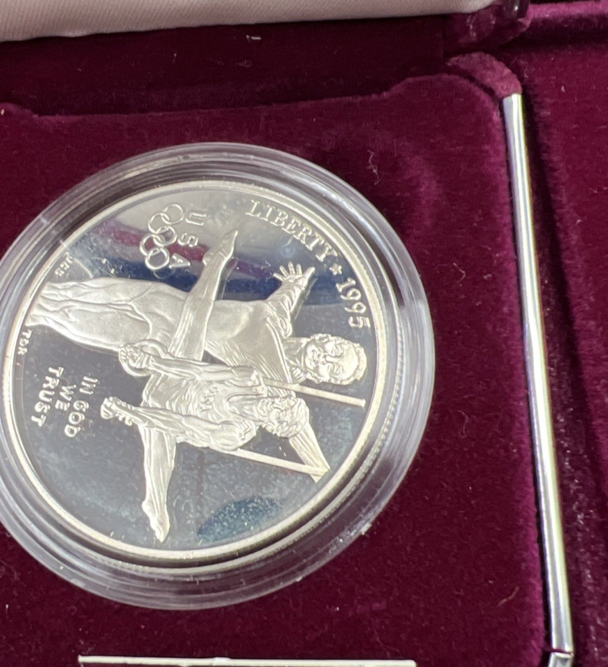 1995 Atlanta Olympics Gymnast Proof Silver Dollar Coin OGP Some Toning