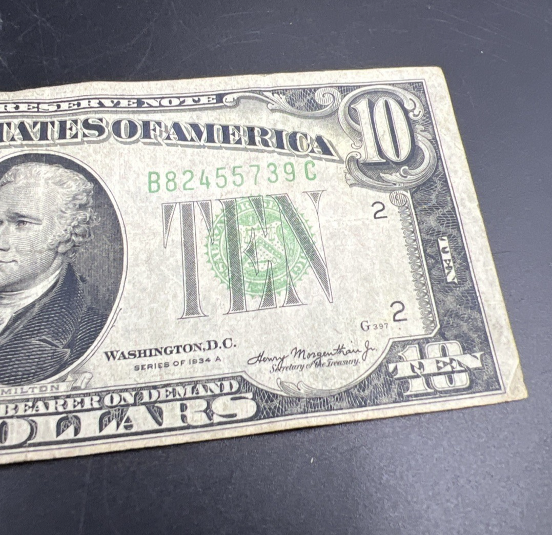 1934 A $10 FRN Ten Dollar Federal Reserve Note New York District Fine Circ #39