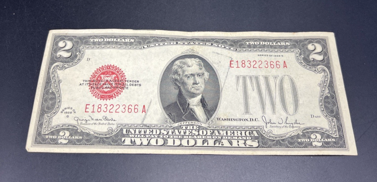 1928 G $2 Two Dollar Legal Tender US Red Seal Note VF Repeat Serial # 18322366