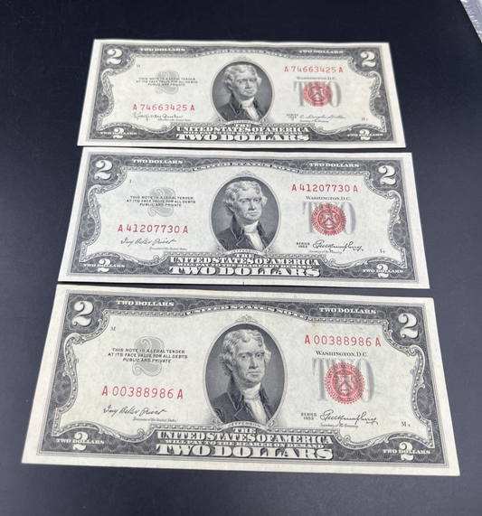 Lot of 3 1953 $2 USN United States Notes VF Very Fine Circ #986