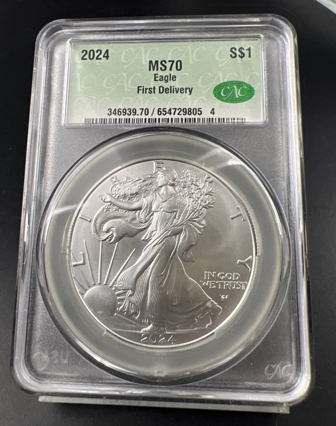 2024 1 Oz American Silver Eagle Coin CAC MS70 Gem UNC First Delivery #805