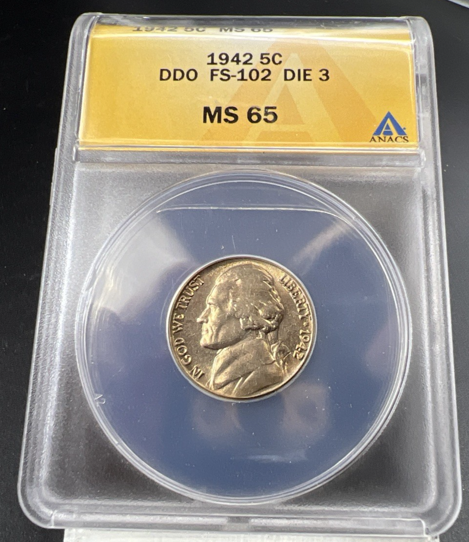 1942 5c Jefferson 5c Nickel Coin DDO Double Die Obverse FS-102 ANACS MS65 Gem BU