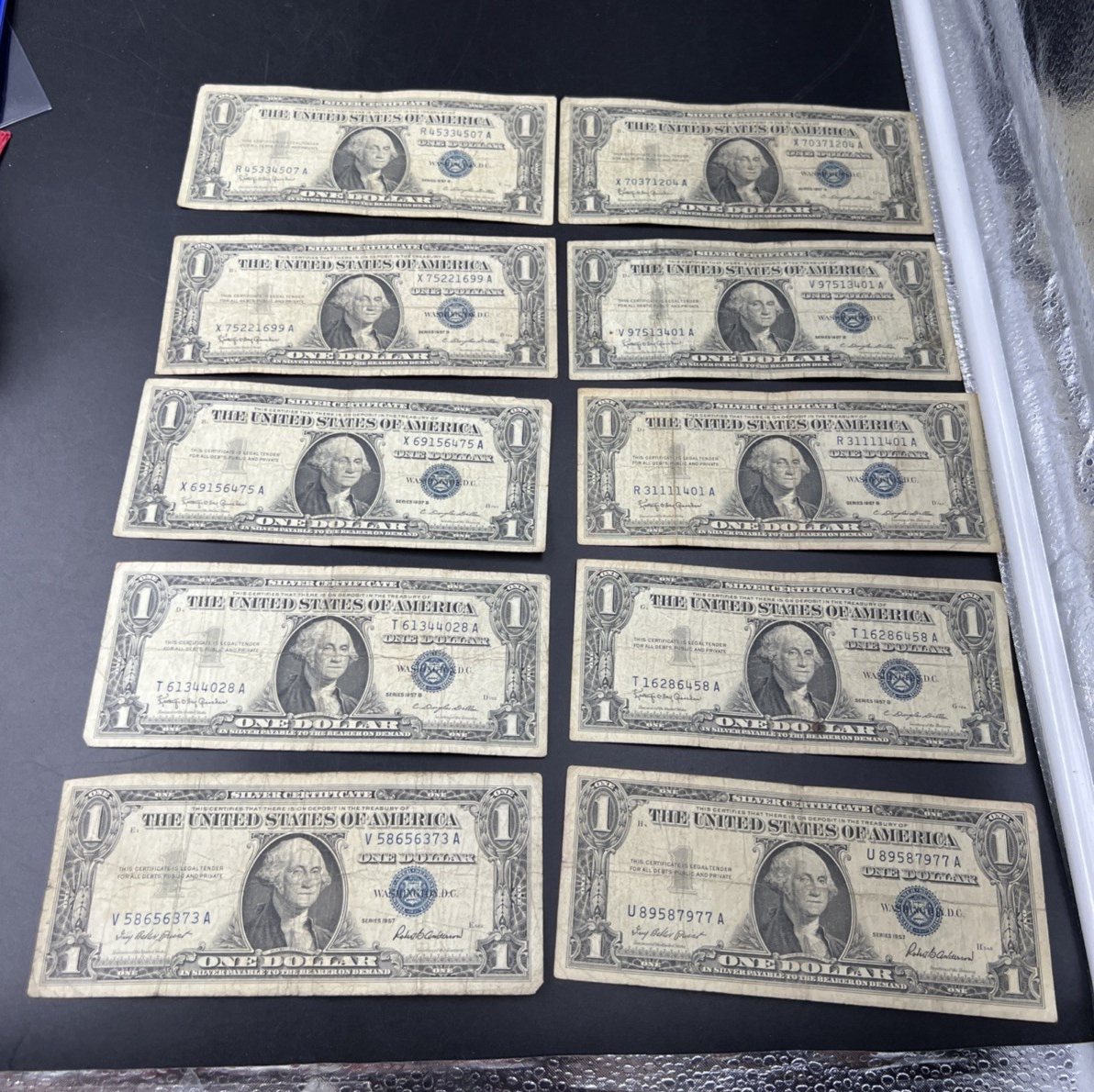 Lot of 10 1957 $1 One Dollar Silver Certificate Blue Seal Notes G / VG #373