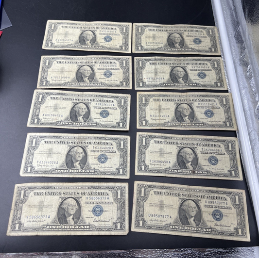Lot of 10 1957 $1 One Dollar Silver Certificate Blue Seal Notes G / VG #373