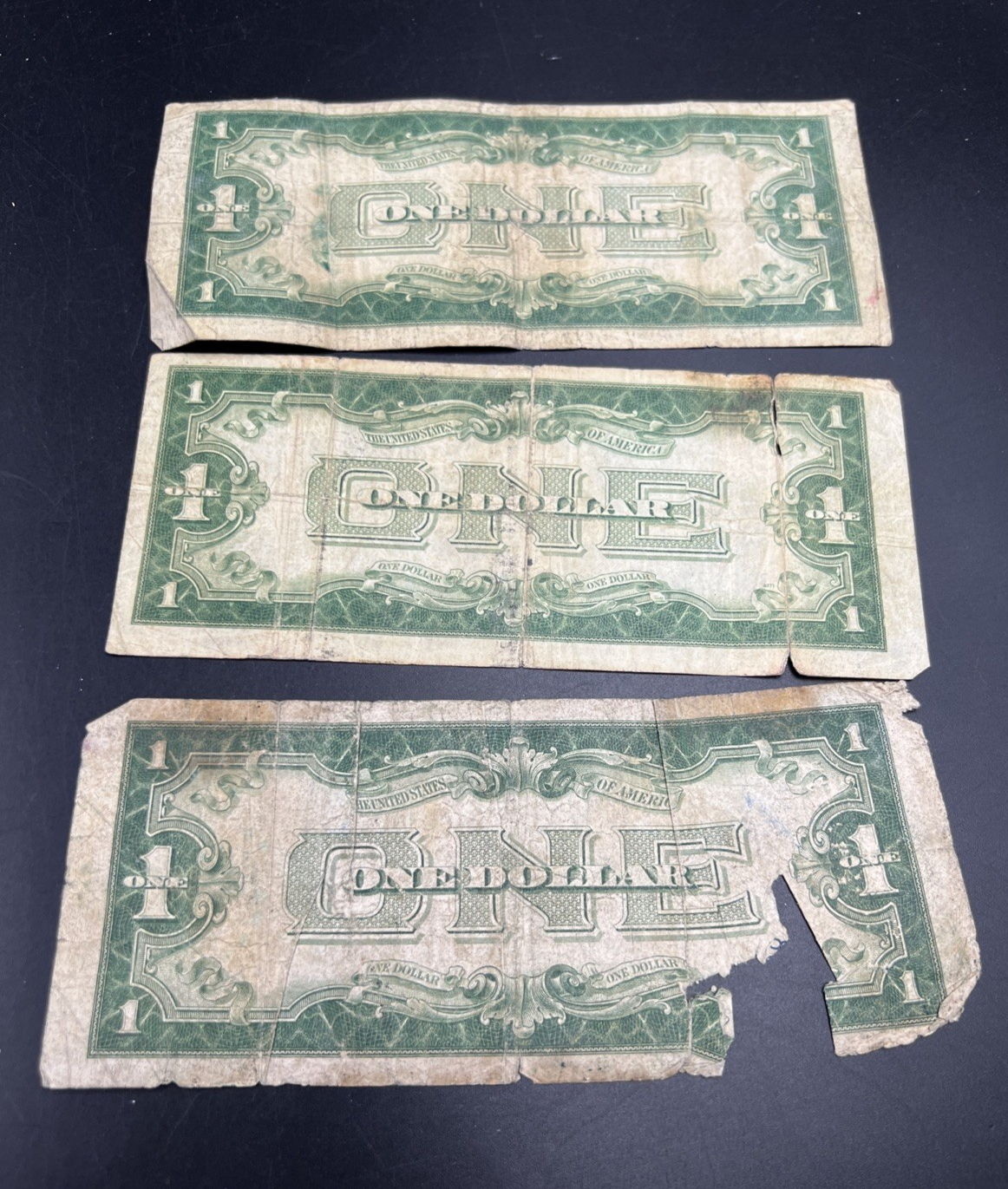 Lot of 3 Very Circ Damaged 1928 $1 Dollar Silver Certificate Funny back Notes