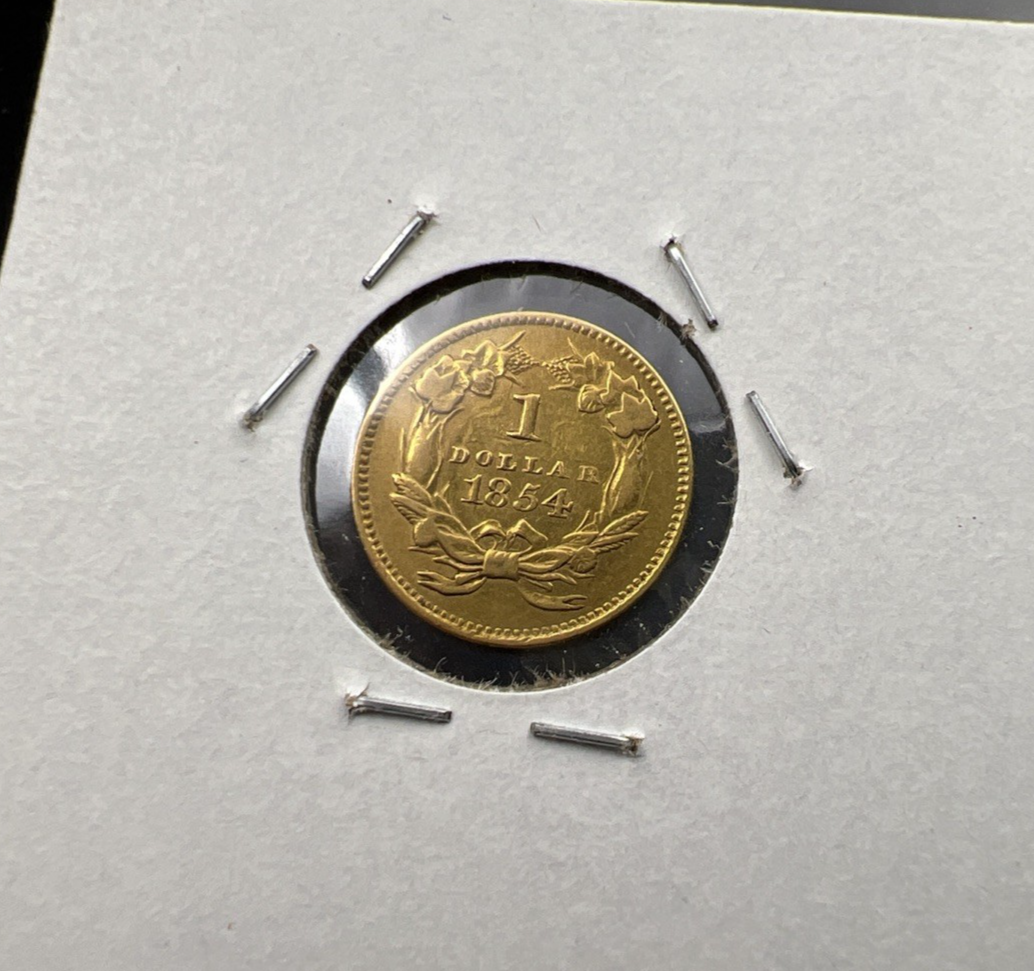 1854 G $1 Gold One Dollar Type 2 Indian Princess Head VF Details Rim Damage
