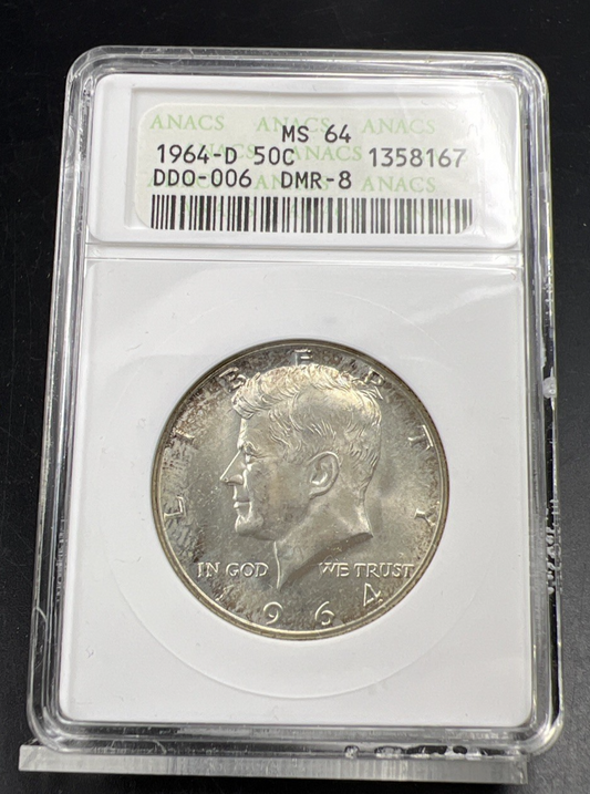 1964 D 50c Kennedy FS-106 Half Dollar Coin Double Die Obverse DDO 006 ANACS MS64